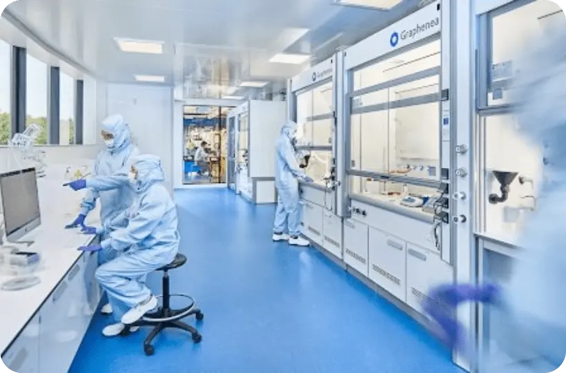 Gente trabajando en un laboratorio con sus trajes de protección.