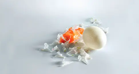 Plato estrella de Mugaritz: huevo roto con yema helada y flores blancas.